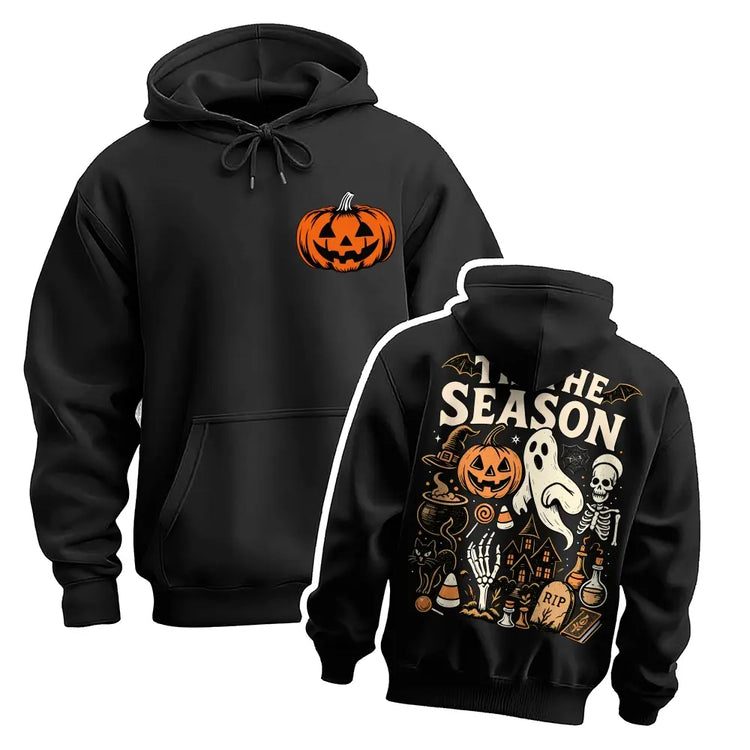 Halloween Spooky Season Graphic Hoodie, Pumpkin Ghost Skeleton Front and Back Print Pullover Sweatshirt, Vintage Horror Long Sleeve Streetwear Hoodie for Halloween Party, Fall and Daily Wear