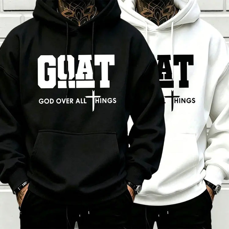 Men’s Stylish Black Hooded Sweatshirt (1 Piece) - Menswear Top, Goat-Inspired Letter Print, Plain Basics, Drop Shoulder Relaxed Fit, Drawstring Hood, Front Kangaroo Pocket, Soft Fabric, American Trend Long-Sleeve Pullover, Joggers Compatible