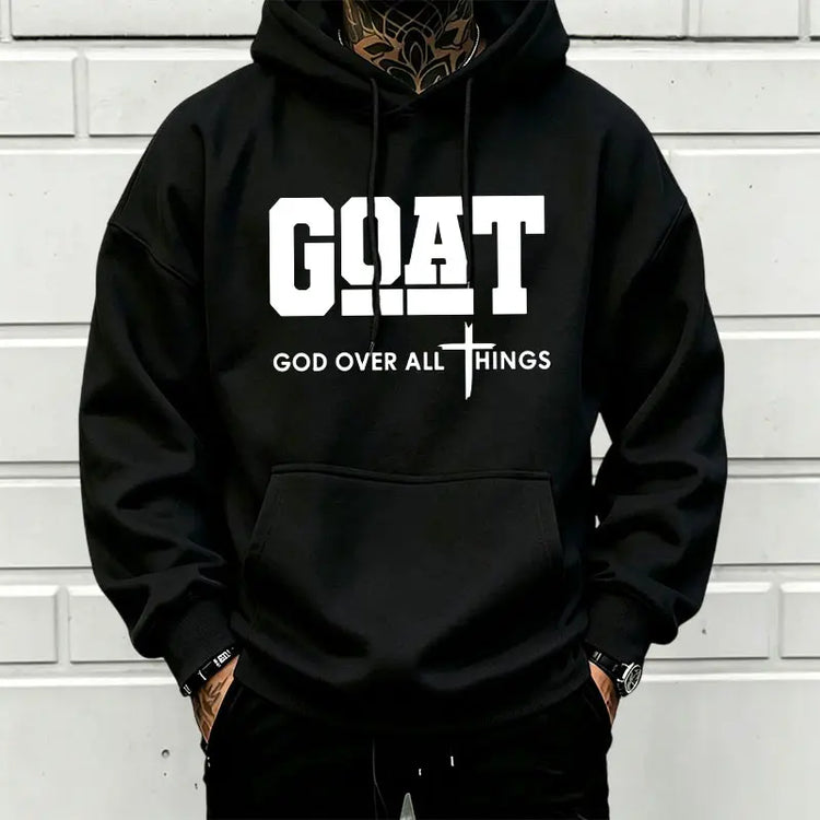 Men’s Stylish Black Hooded Sweatshirt (1 Piece) - Menswear Top, Goat-Inspired Letter Print, Plain Basics, Drop Shoulder Relaxed Fit, Drawstring Hood, Front Kangaroo Pocket, Soft Fabric, American Trend Long-Sleeve Pullover, Joggers Compatible