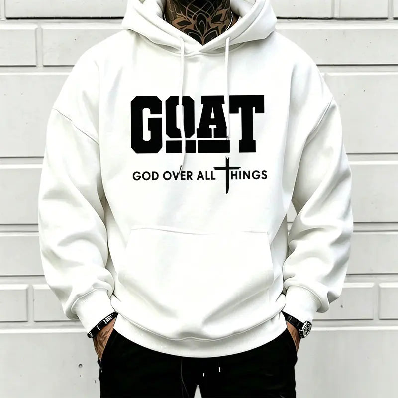 Men’s Stylish Black Hooded Sweatshirt (1 Piece) - Menswear Top, Goat-Inspired Letter Print, Plain Basics, Drop Shoulder Relaxed Fit, Drawstring Hood, Front Kangaroo Pocket, Soft Fabric, American Trend Long-Sleeve Pullover, Joggers Compatible