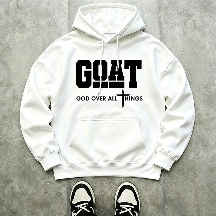 Men’s Stylish Black Hooded Sweatshirt (1 Piece) - Menswear Top, Goat-Inspired Letter Print, Plain Basics, Drop Shoulder Relaxed Fit, Drawstring Hood, Front Kangaroo Pocket, Soft Fabric, American Trend Long-Sleeve Pullover, Joggers Compatible